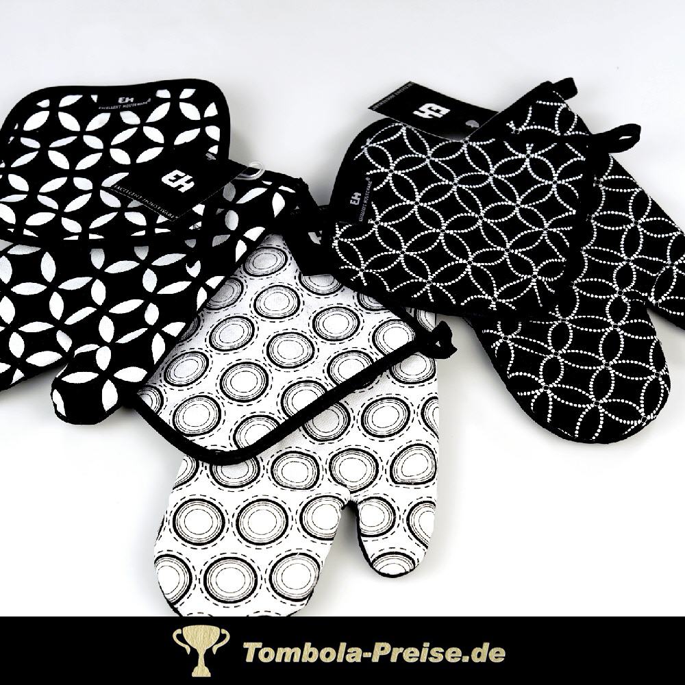 Set aus Topflappen und Ofenhandschuh schwarz-weiss