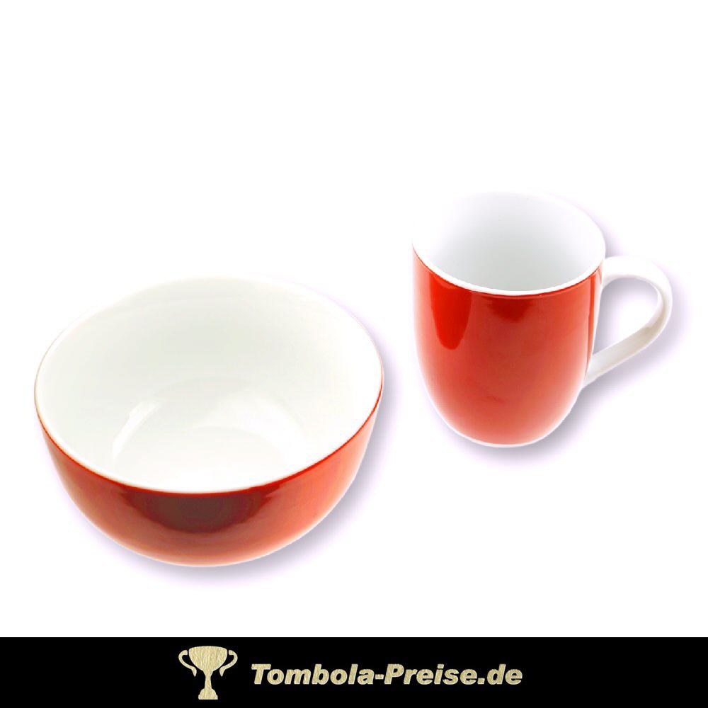 Müslischale und Kaffeebecher rot-weiß
