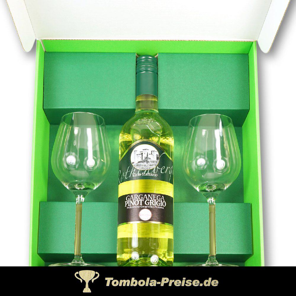 Geschenkset Weißwein mit 2 Weißwein-Gläsern
